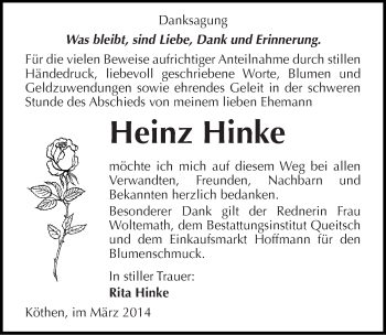 Traueranzeige von Heinz Hinke von Mitteldeutsche Zeitung Köthen