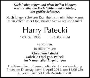 Traueranzeige von Harry Patecki von Mitteldeutsche Zeitung