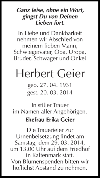 Traueranzeige von Herbert Geier von Mitteldeutsche Zeitung Halle/Saalkreis