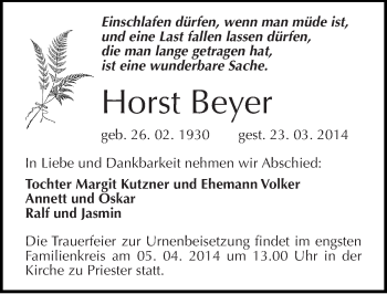 Traueranzeige von Horst Beyer von Mitteldeutsche Zeitung Halle/Saalkreis