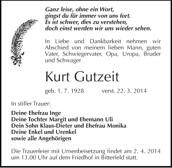 Traueranzeige von Kurt Gutzeit von Mitteldeutsche Zeitung Bitterfeld