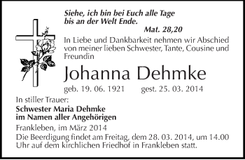 Traueranzeige von Johanna Dehmke von Mitteldeutsche Zeitung Merseburg/Querfurt