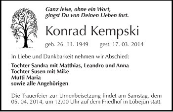 Traueranzeige von Konrad Kempski von Mitteldeutsche Zeitung Köthen