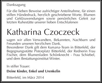 Traueranzeige von Katharina Czoczeck von Mitteldeutsche Zeitung Bitterfeld