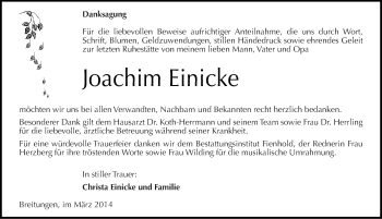 Traueranzeige von Joachim Einicke von Mitteldeutsche Zeitung Sangerhausen