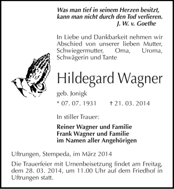 Traueranzeige von Hildegard Wagner von Mitteldeutsche Zeitung Sangerhausen
