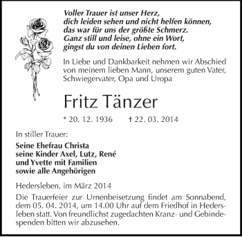Traueranzeige von Fritz Tänzer von Mitteldeutsche Zeitung Mansfelder Land