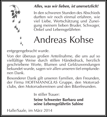 Traueranzeige von Andreas Kohse von Mitteldeutsche Zeitung Halle/Saalkreis