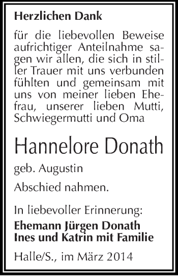 Traueranzeige von Hannelore Donath von Mitteldeutsche Zeitung Halle/Saalkreis