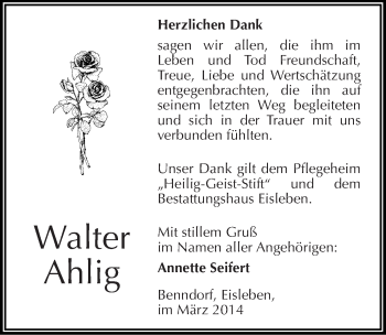 Traueranzeige von Walter Ahlig von Mitteldeutsche Zeitung Mansfelder Land