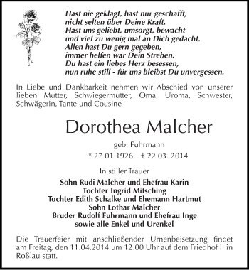 Traueranzeige von Dorothea Malcher von Mitteldeutsche Zeitung Dessau-Roßlau