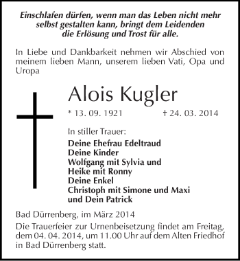 Traueranzeige von Alois Kugler von Mitteldeutsche Zeitung Merseburg/Querfurt