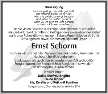 Traueranzeige von Ernst Schorm von Mitteldeutsche Zeitung Sangerhausen