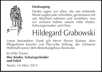 Traueranzeige von Hildegard Grabowski von Mitteldeutsche Zeitung Halle/Saalkreis