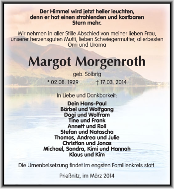 Traueranzeige von Margot Morgenroth von Mitteldeutsche Zeitung Naumburg/Nebra