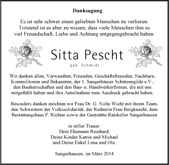 Traueranzeige von Sitta Pescht von Mitteldeutsche Zeitung Sangerhausen