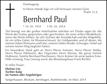 Traueranzeige von Bernhard Paul von Mitteldeutsche Zeitung Sangerhausen