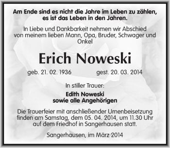 Traueranzeige von Erich Noweski von Mitteldeutsche Zeitung Sangerhausen