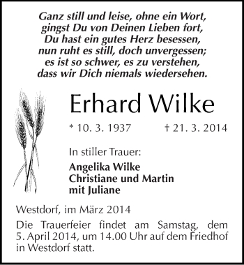 Traueranzeige von Erhard Wilke von Mitteldeutsche Zeitung Aschersleben