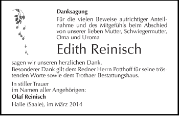 Traueranzeige von Edith Reinisch von Mitteldeutsche Zeitung Halle/Saalkreis