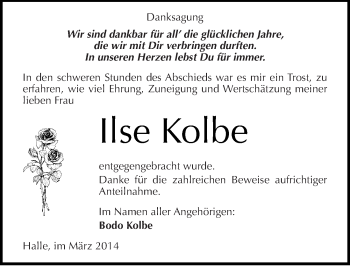 Traueranzeige von Ilse Kolbe von Mitteldeutsche Zeitung Halle/Saalkreis