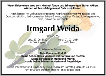 Traueranzeige von Irmgard Weida von Mitteldeutsche Zeitung Köthen