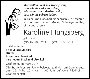 Traueranzeige von Karoline Hungsberg von Mitteldeutsche Zeitung Mansfelder Land