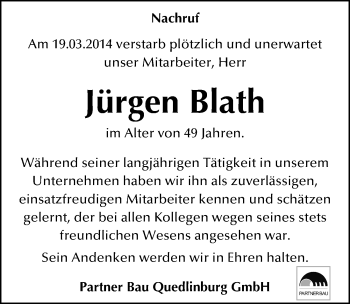 Traueranzeige von Jürgen Blath von Mitteldeutsche Zeitung
