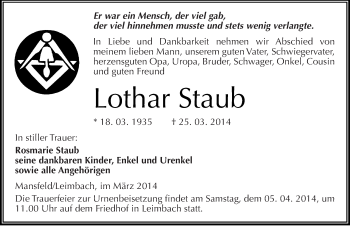 Traueranzeige von Lothar Staub von Mitteldeutsche Zeitung Mansfelder Land