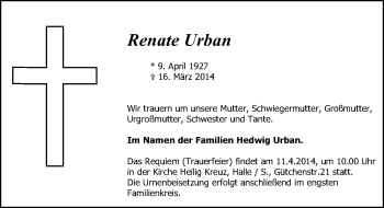 Traueranzeige von Renate Urban von Mitteldeutsche Zeitung Halle/Saalkreis