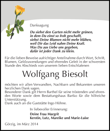 Traueranzeige von Wolfgang Biesolt von Mitteldeutsche Zeitung Köthen