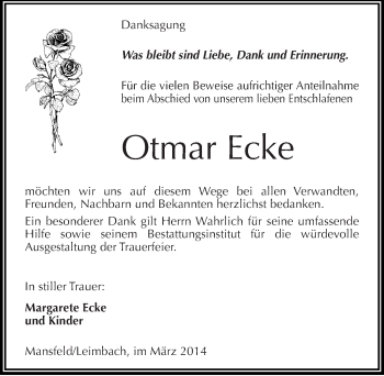 Traueranzeige von Otmar Ecke von Mitteldeutsche Zeitung Mansfelder Land