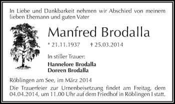 Traueranzeige von Manfred Brodalla von Mitteldeutsche Zeitung Mansfelder Land