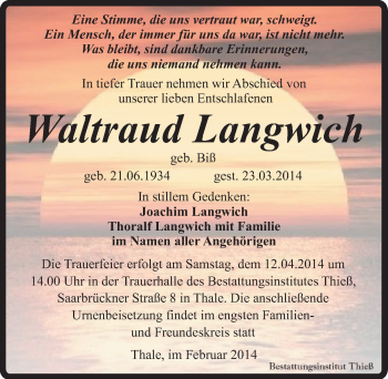 Traueranzeige von Waltraud Langwich von Mitteldeutsche Zeitung Quedlinburg