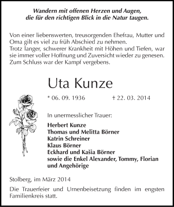Traueranzeige von Uta Kunze von Mitteldeutsche Zeitung Sangerhausen