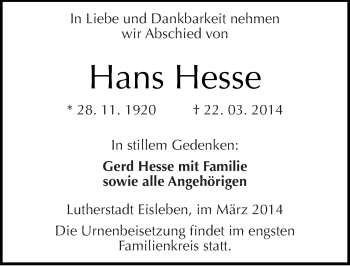 Traueranzeige von Hans Hesse von Mitteldeutsche Zeitung Mansfelder Land