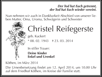Traueranzeige von Christel Reifegerste von Mitteldeutsche Zeitung Köthen