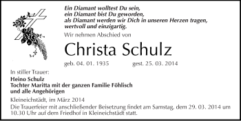 Traueranzeige von Christa Schulz von Mitteldeutsche Zeitung Merseburg/Querfurt