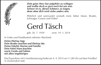 Traueranzeige von Gerd Täsch von Mitteldeutsche Zeitung Bitterfeld