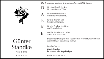 Traueranzeige von Günter Standke von Mitteldeutsche Zeitung Halle/Saalkreis