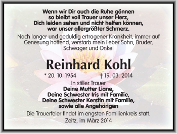 Traueranzeige von Reinhard Kohl von Mitteldeutsche Zeitung Zeitz