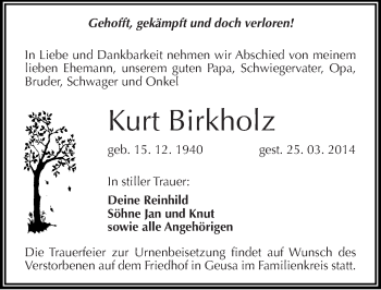 Traueranzeige von Kurt Birkholz von Mitteldeutsche Zeitung Merseburg/Querfurt