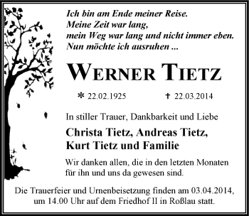 Traueranzeige von Werner Tietz von Mitteldeutsche Zeitung Dessau-Roßlau
