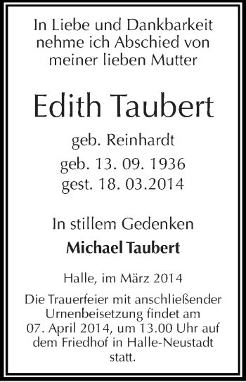 Traueranzeige von Edith Taubert von Mitteldeutsche Zeitung Halle/Saalkreis