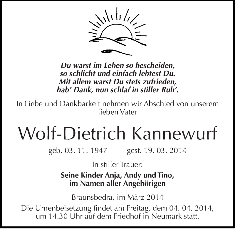  Traueranzeige für Wolf-Dietrich Kannewurf vom 29.03.2014 aus Mitteldeutsche Zeitung Merseburg/Querfurt