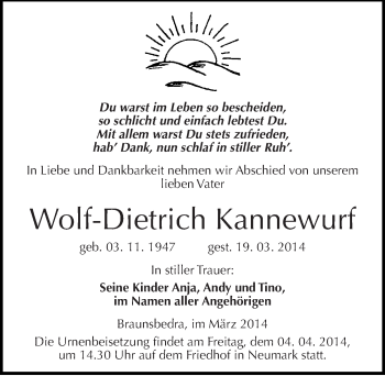 Traueranzeige von Wolf-Dietrich Kannewurf von Mitteldeutsche Zeitung Merseburg/Querfurt