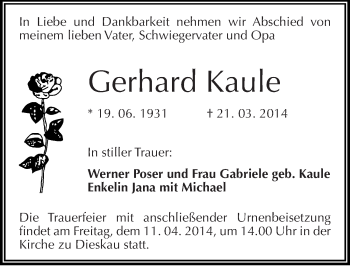 Traueranzeige von Gerhard Kaule von Mitteldeutsche Zeitung Halle/Saalkreis
