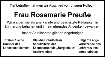 Traueranzeige von Rosemarie Preuße von Mitteldeutsche Zeitung Aschersleben