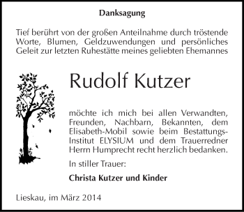 Traueranzeige von Rudolf Kutzer von Mitteldeutsche Zeitung Halle/Saalkreis