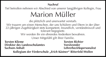 Traueranzeige von Marion Müller von Mitteldeutsche Zeitung Bitterfeld